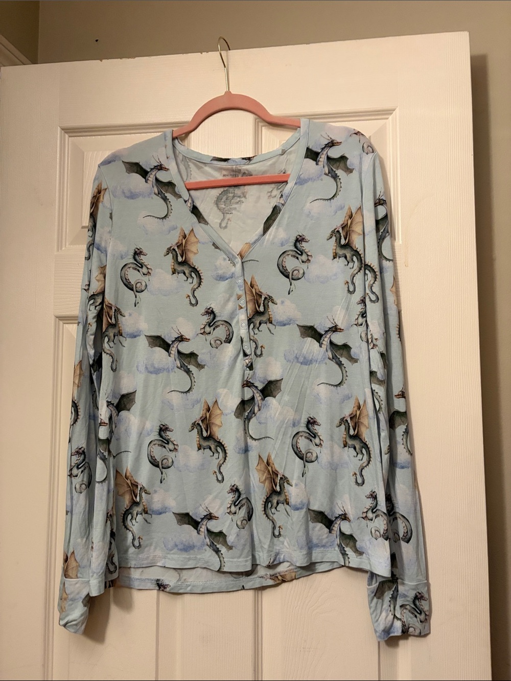 Posh Peanut Light Blue Dragon Button-Front Long Sleeve Pajama Top